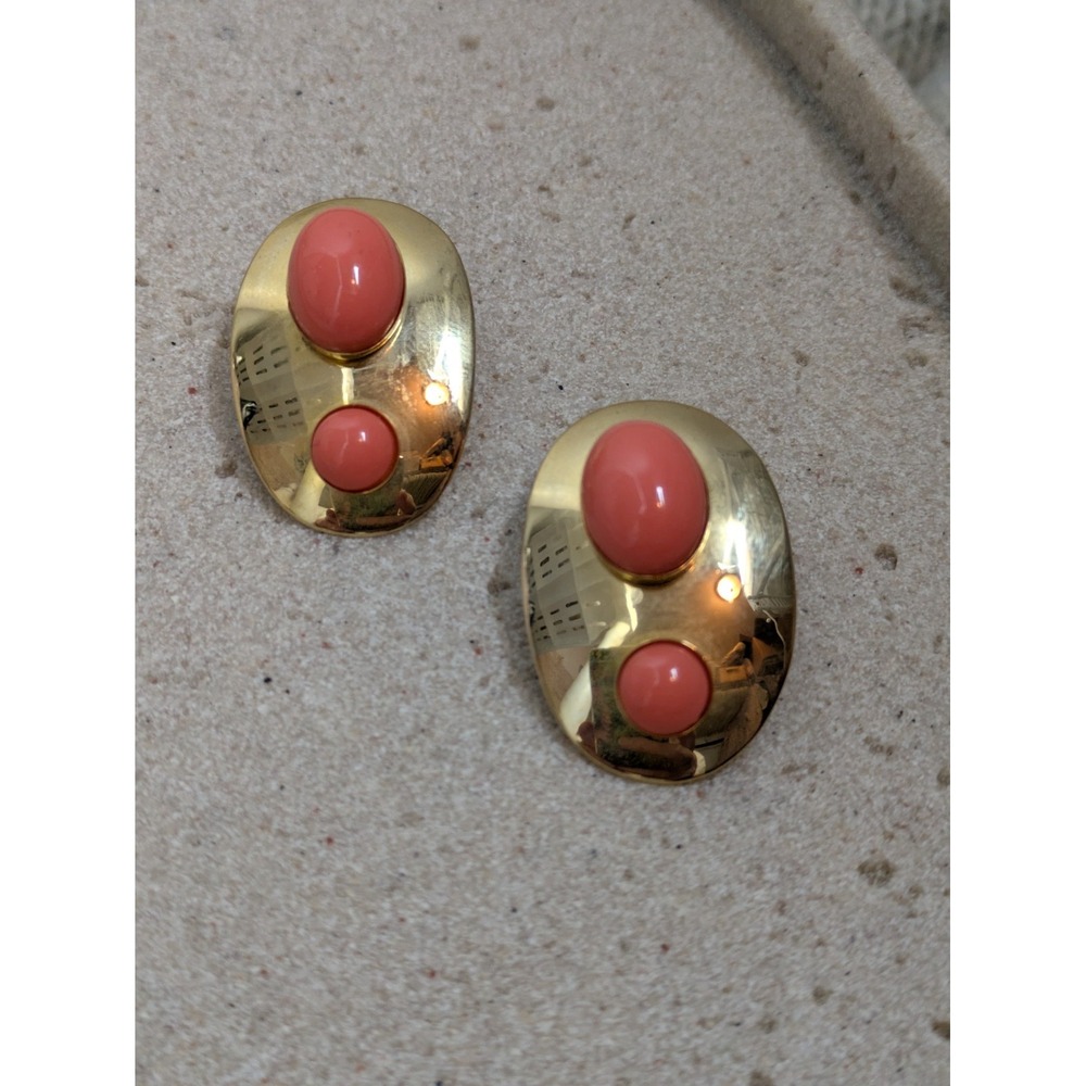 Vintage Clip On Earrings Glossy Oval Gold Tone Coral Cabochon Beads Studs